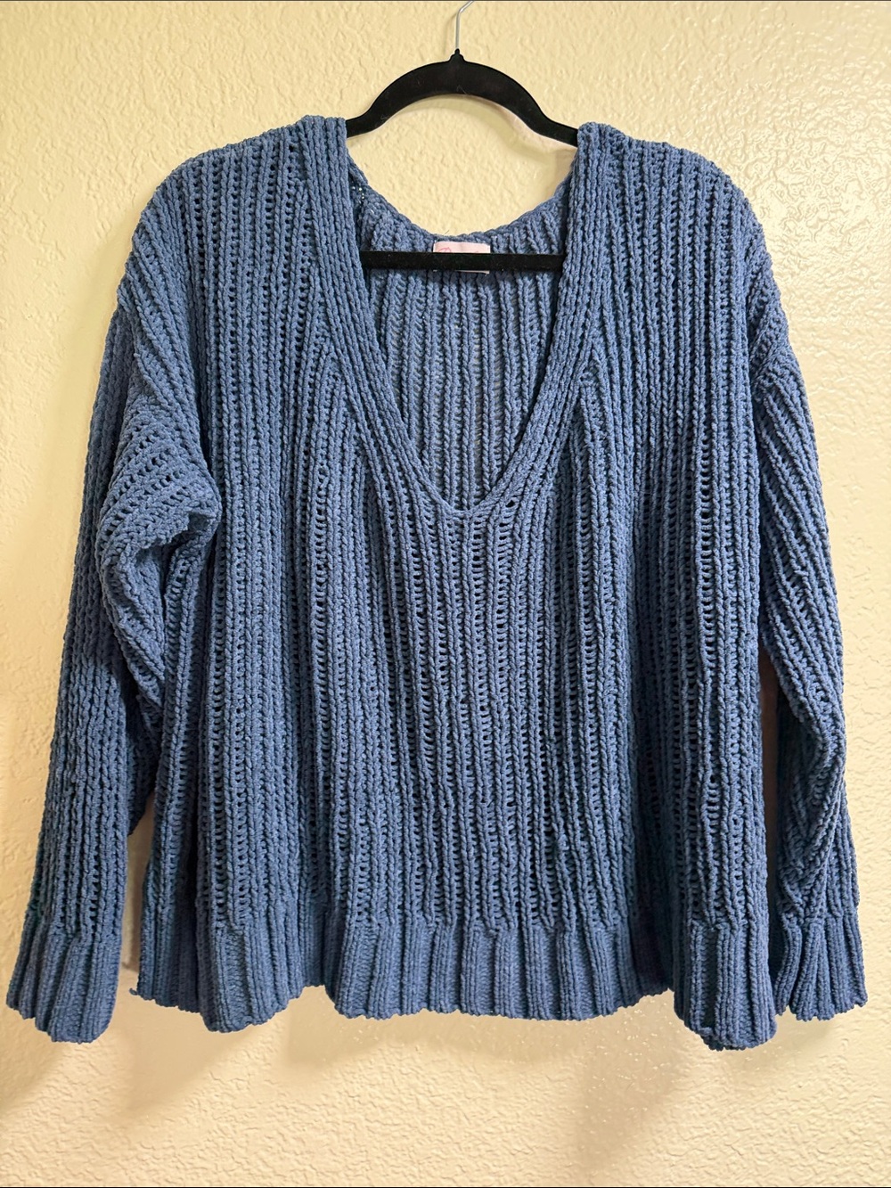 Pink Lily Open-Knit V-Neck Sweater - Dusty Blue